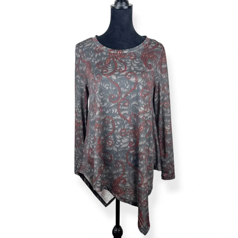 Urban Mangoz Tunic Top Womens S Small Red Brown Long‎ Sleeve Stretch